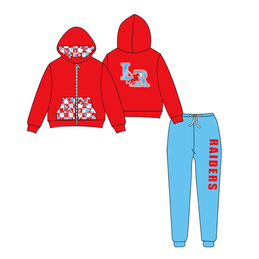 (Custom Design Preorder MOQ 5) Team's RAIDERS LIONS Zipper Hoodie Top Blue Pants Kids Fall Clothes Set