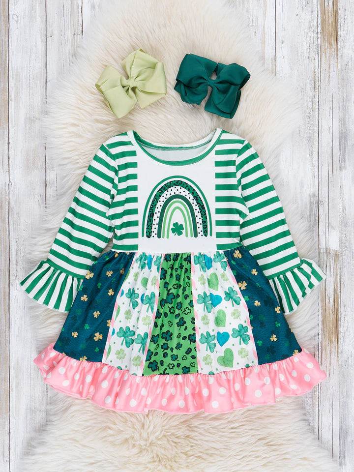 (Custom Design Preorder MOQ 5) Green Quatrefoil Rainbow Print Girls St. Patrick's Knee Length Dress