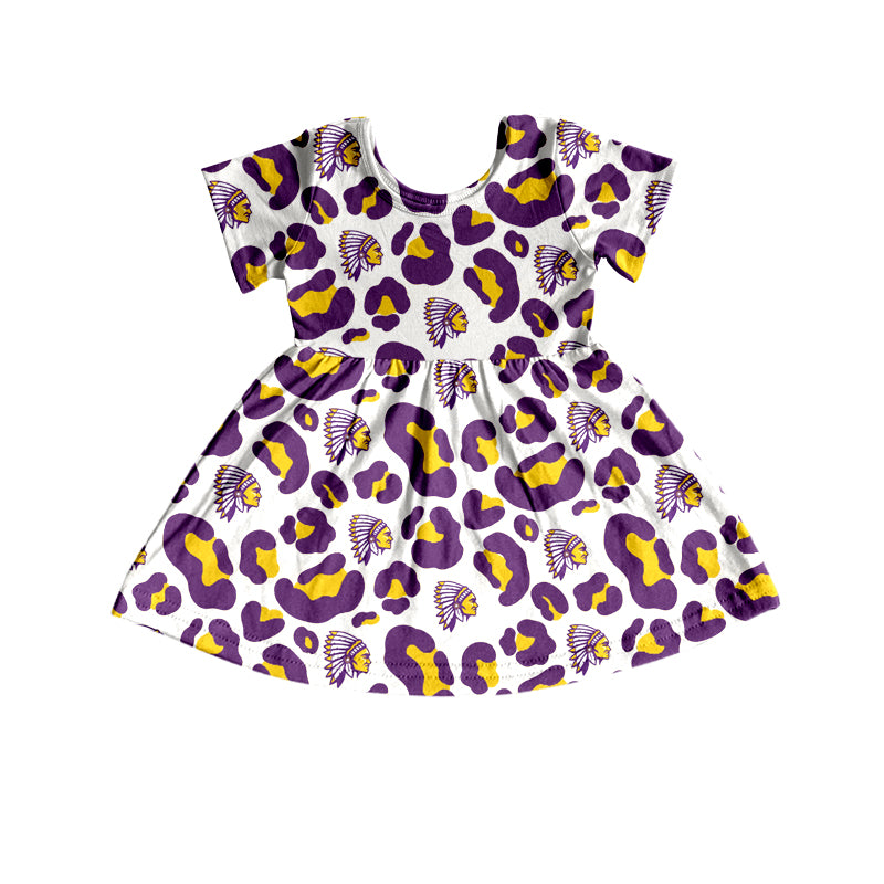 (Custom Design Preorder MOQ 5) Team's Indians Purple Leopard Print Girls Short Sleeve Knee Length Dress