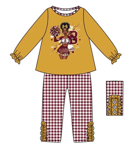 (Custom Design Preorder MOQ 5) Team's Wildcats Cheer Top Plaid Pants Girls Fall Clothes Set