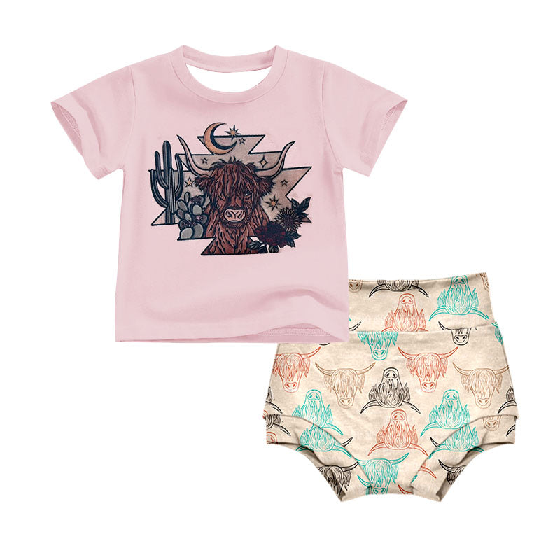 (Custom Design Preorder MOQ 5) Highland Cow Baby Girls Summer Bummie Set