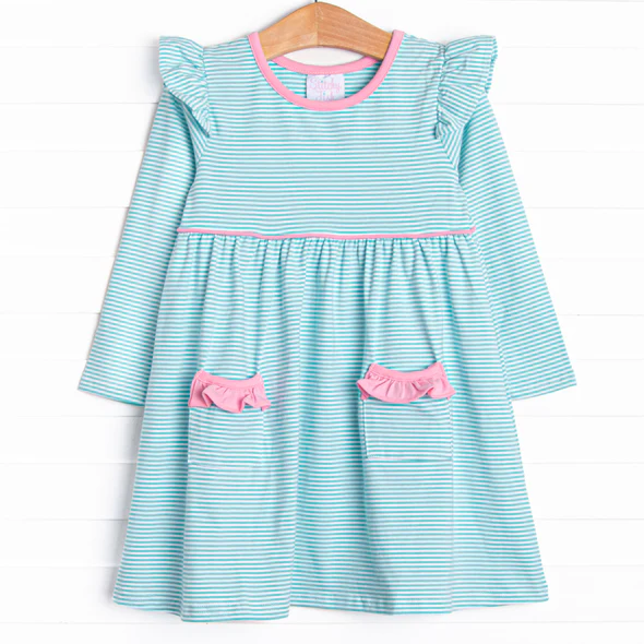 (Custom Design Preorder MOQ 5) Blue Stripes Print Girls Knee Length Fall Dress