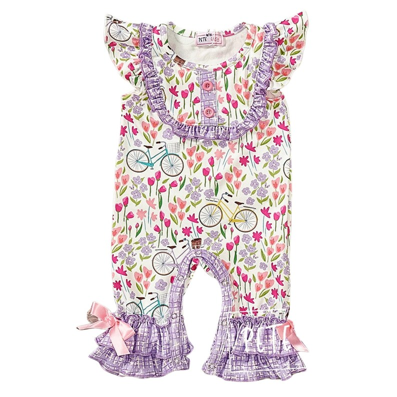 (Custom Design Preorder MOQ 5) Bicycle Flowers Print Baby Girls Romper