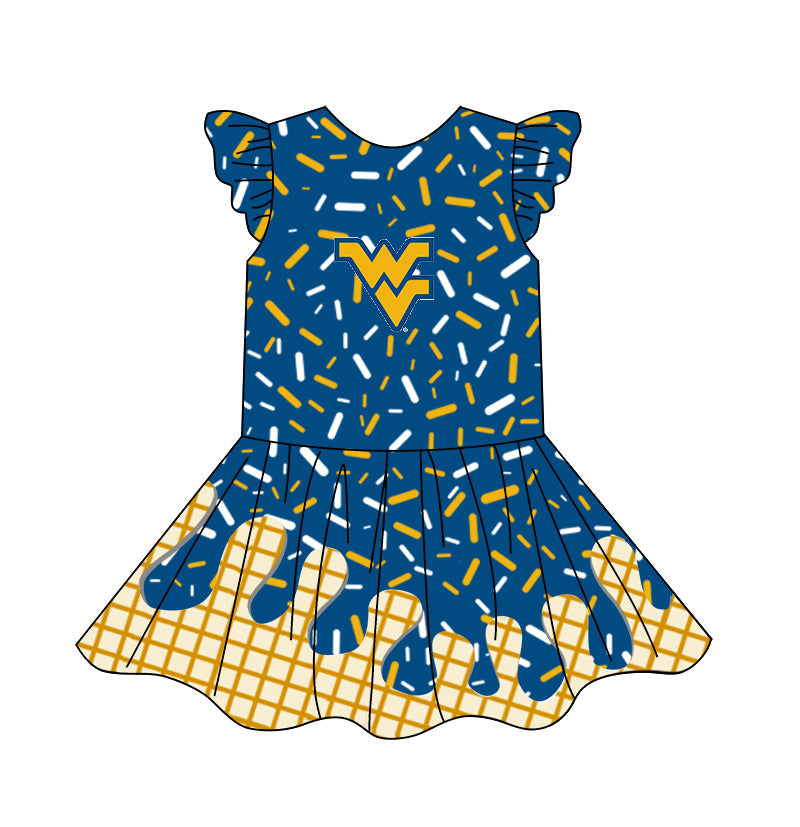 (Custom Design Preorder MOQ 5) Team's Blue Sprinkles Print Girls Summer Knee Length Dress