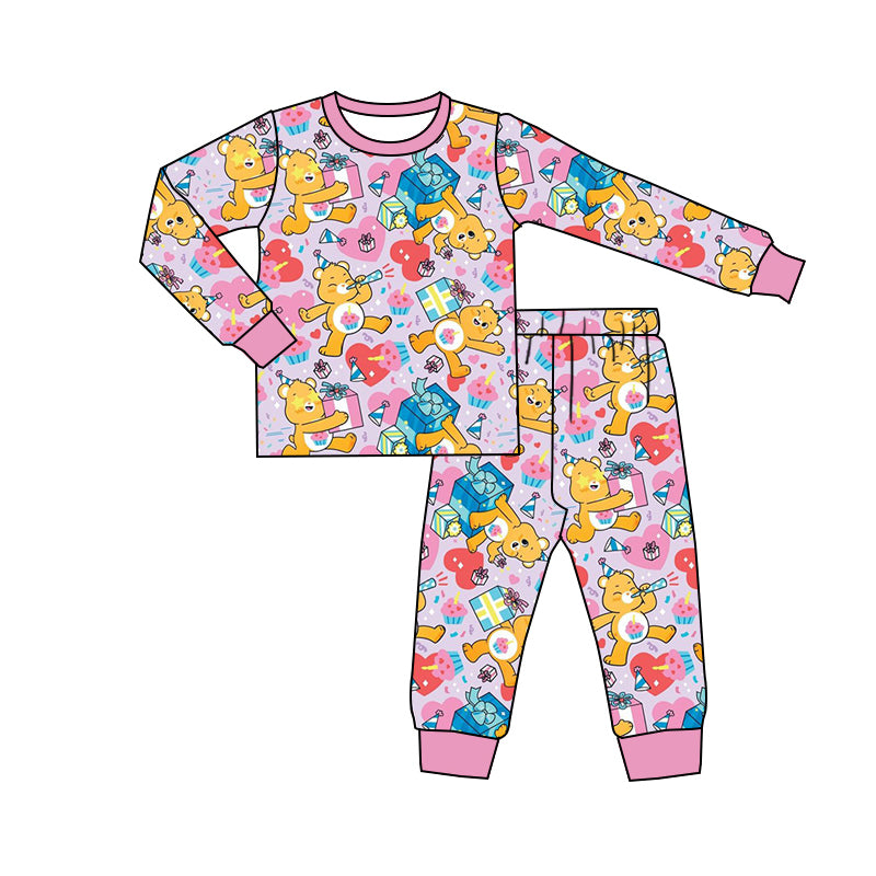 (Custom Design Preorder MOQ 20) Cartoon Bear Happy Birthday Print Girls Fall Pajamas Bamboo Clothes Set
