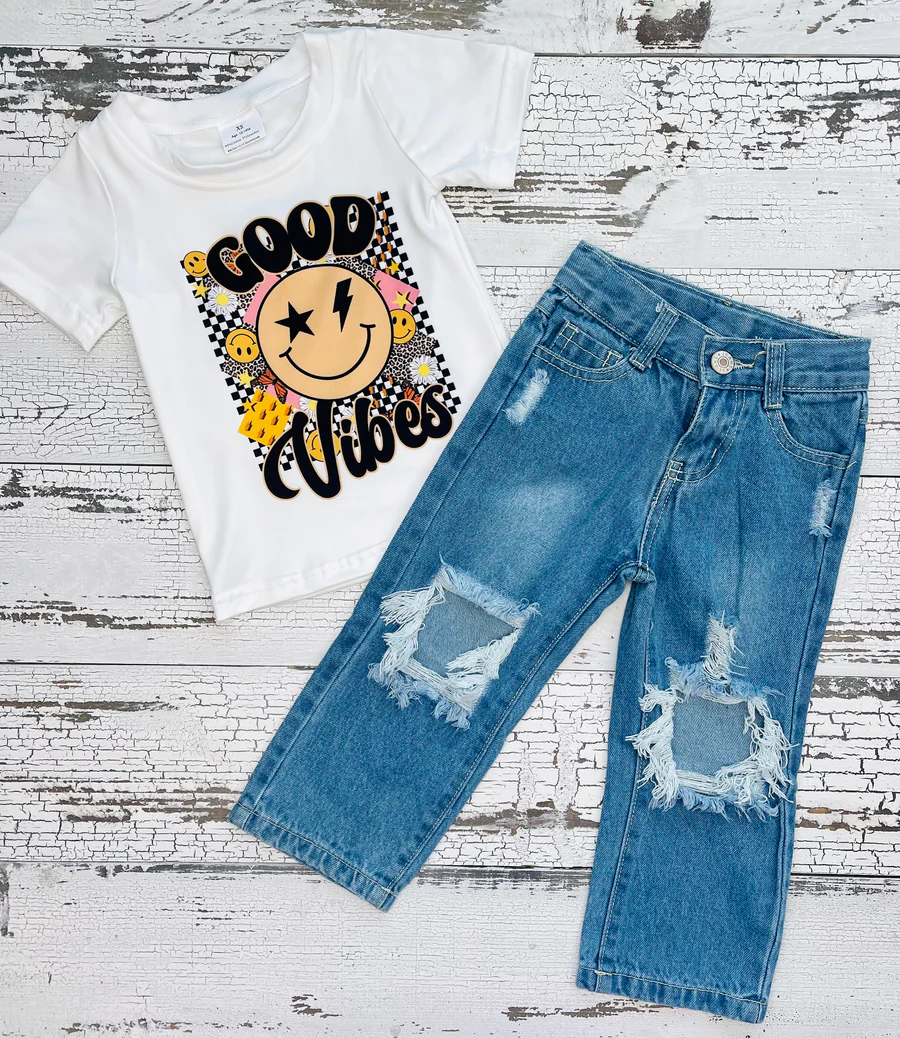 BSPO0109 Good V smile print top hole denim pants boys clothes set