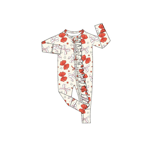 (Custom Design Preorder MOQ 5) Baseball Red Bows Print Baby Girls Fall Sleeper Zipper Romper