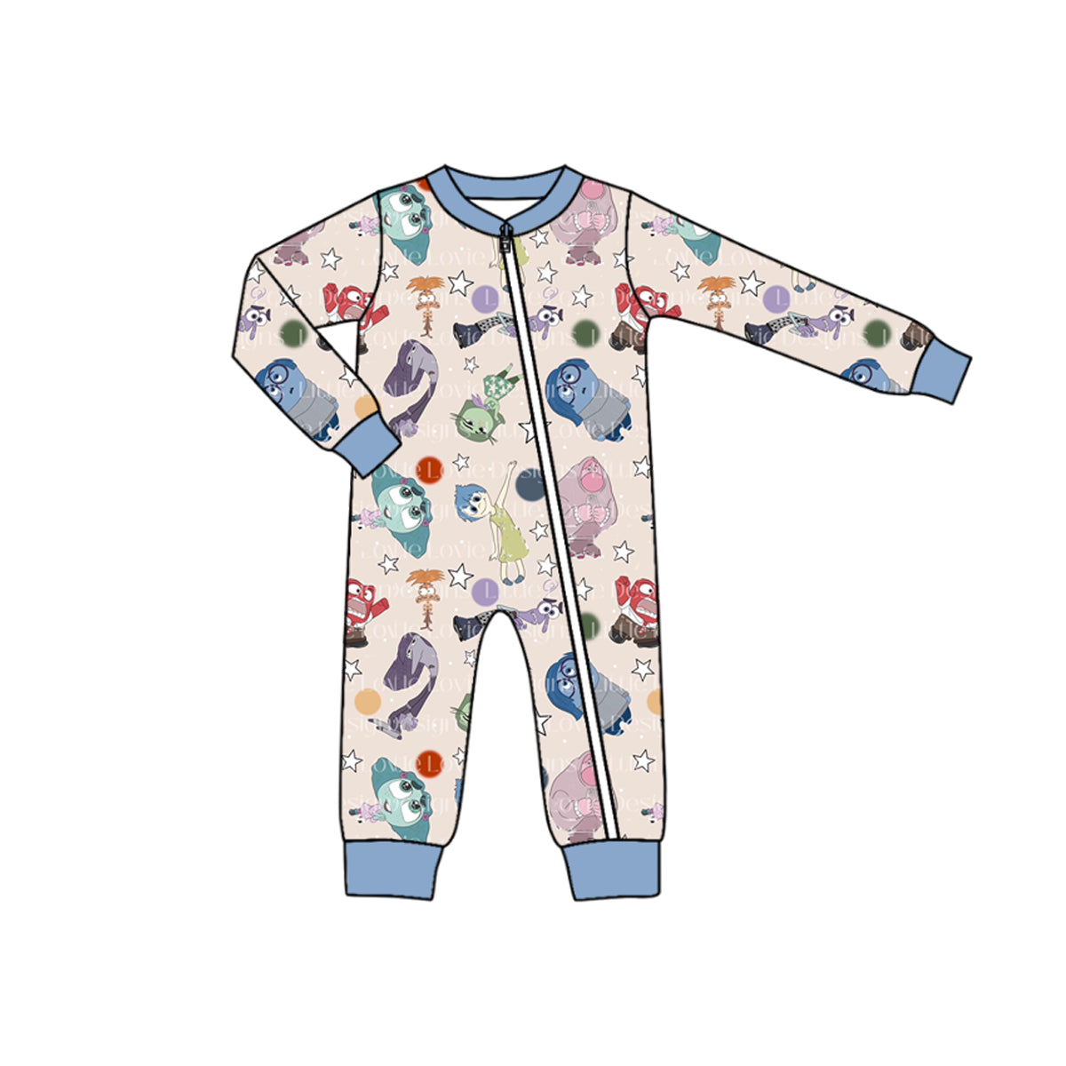 (Custom Design Preorder MOQ 5) Cartoon Figure Inside Out Stars Print Baby Boys Bamboo Sleeper Zipper Romper