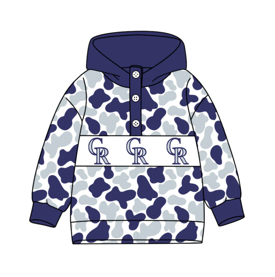 (Custom Design Preorder MOQ 5) Team's Colorado Rockies Camo Print Kids Long Sleeve Buttons Hoodie Top