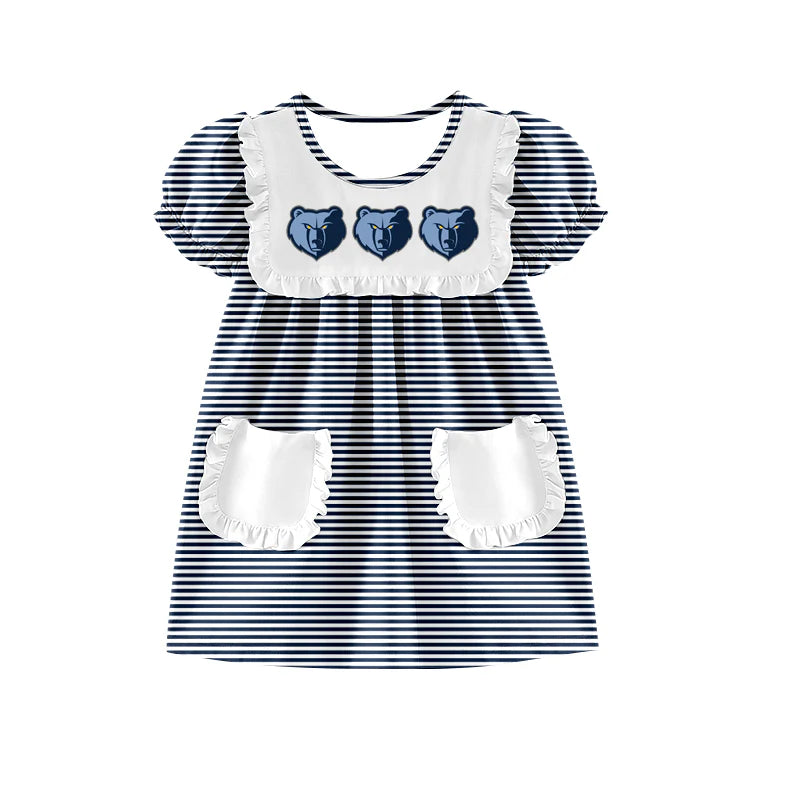 (Custom Design Preorder MOQ 5) Team's Grizzlies Stripes Print Pockets Girls Summer Knee Length Dress