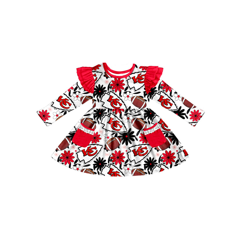 (Custom Design Preorder MOQ 5) Team's KC Flowers Print Girls Fall Knee Length Pockets Dress