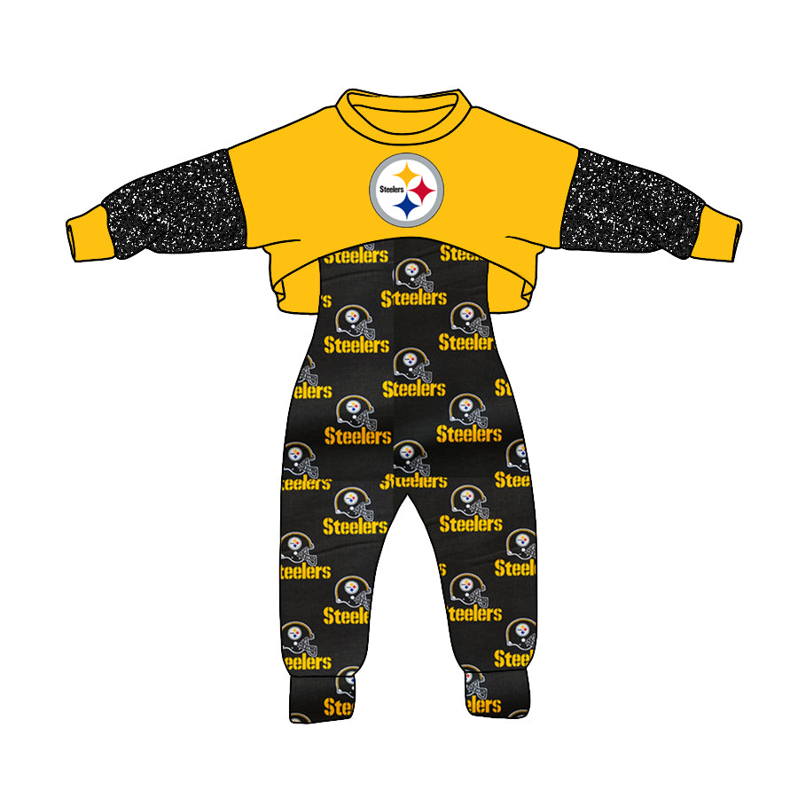 (Custom Design MOQ 5) NO.21 Yellow Football Team's Print Girls Jumpsuits Clothes Set