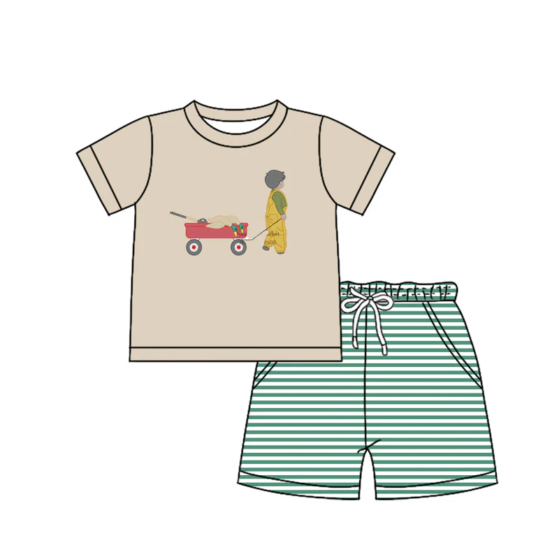 3.10(Custom Design Preorder MOQ 5) Duck Baby Boy Khaki Top Stripes Shorts Boys Summer Clothes Set