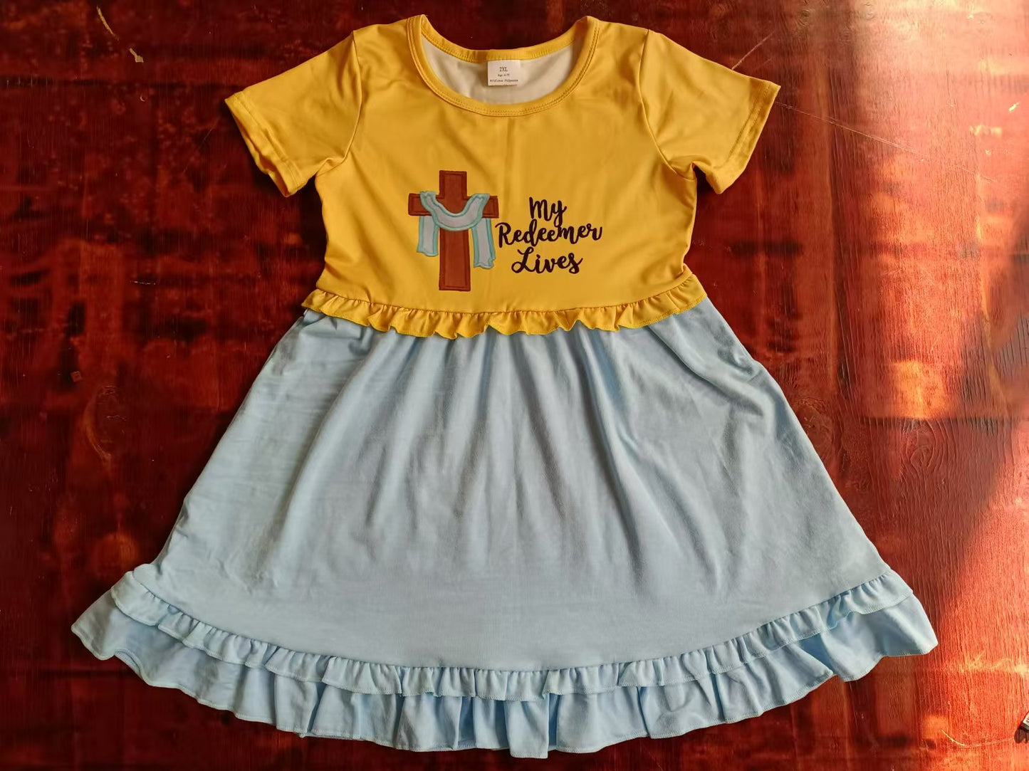 (Custom Design Preorder MOQ 3 ) Cross Print Girls Easter Knee Length Dress