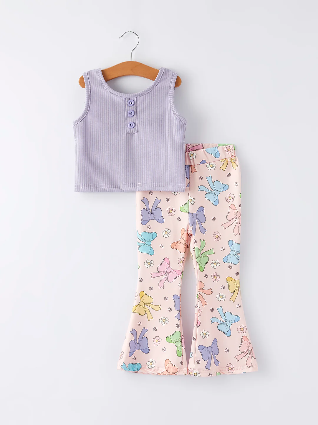 (Custom Design Preorder MOQ 5) Purple Tank Top Colorful Bows Flowers Bell Pants Girls Clothes Set