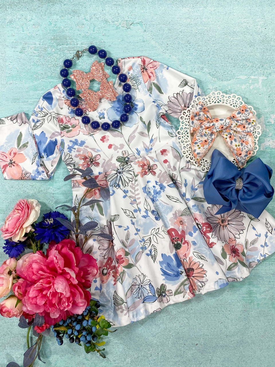 (Custom Design Preorder MOQ 5) Flowers Print Girls Knee Length Dress