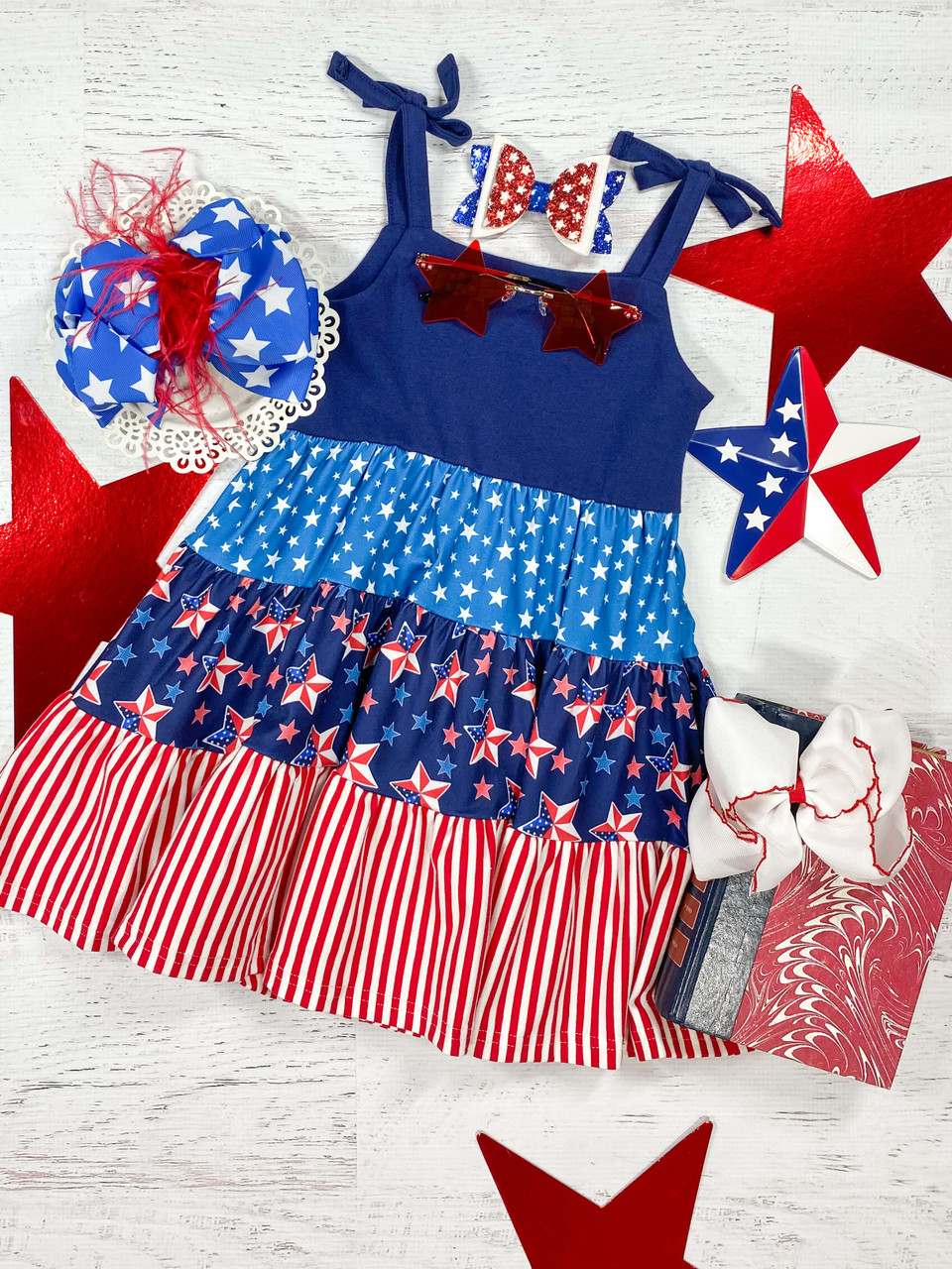 (Custom Design Preorder MOQ 5) Stars Print Girls 4th of July Knee Length Dress