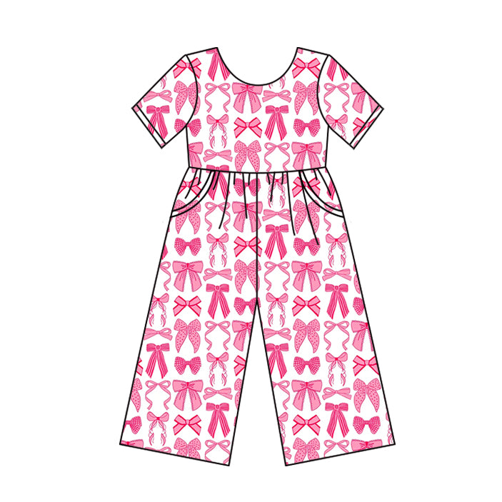 (Custom Design Preorder MOQ 5) Pink Bows Print Pockets Girls Summer Jumpsuits