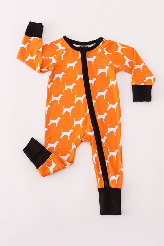(Custom Design Preorder MOQ 5) Dog Orange Print Baby Fall Sleeper Zipper Romper