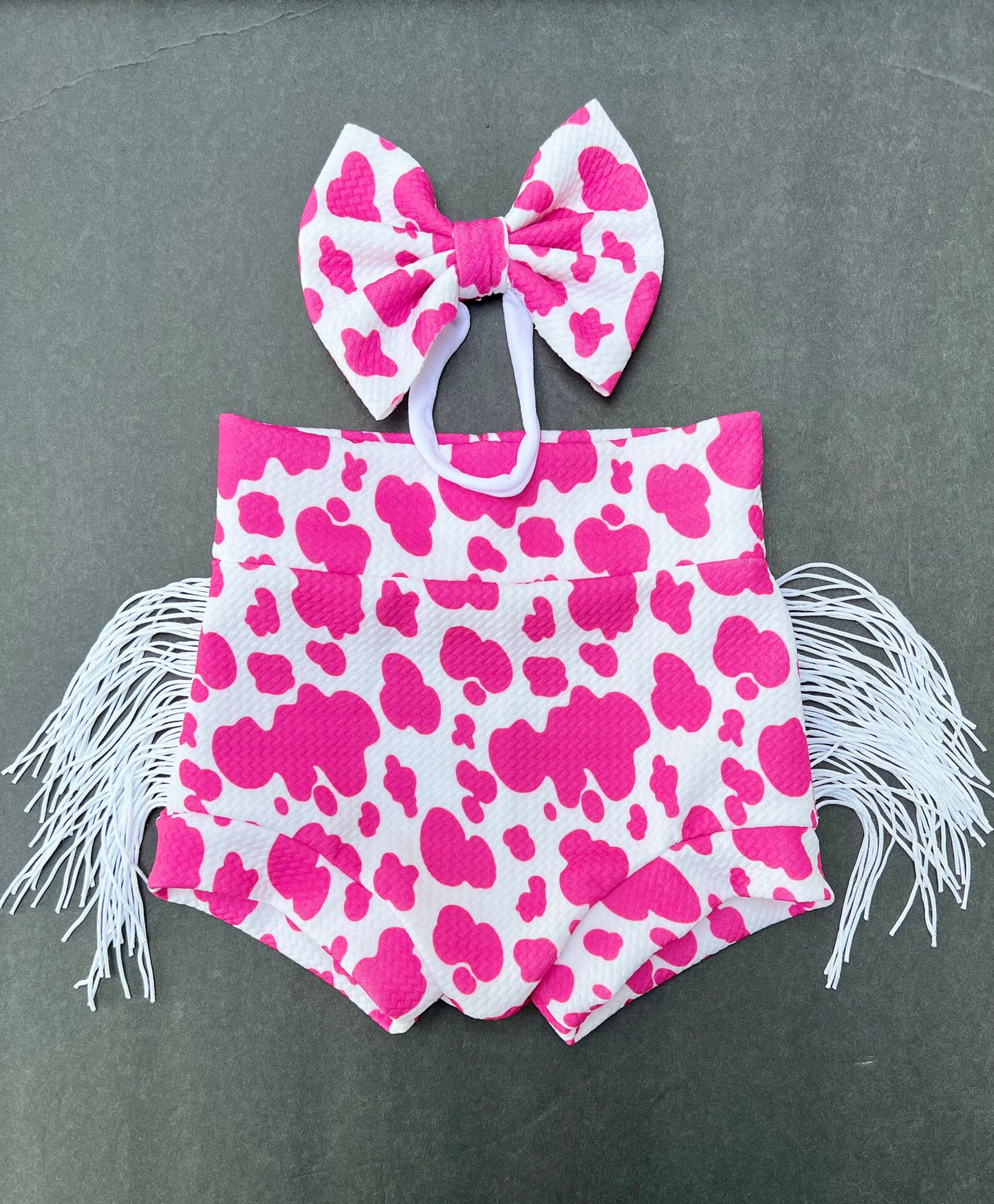 (Custom Design Preorder MOQ 5) Pink Cow Print Tassel Baby Girls Western Bummie Shorts