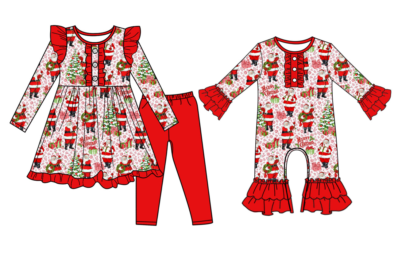 7.1(Custom Design Preorder MOQ 5 Each Design) Santa Holly Print Girls Christmas Matching Clothes Sisters Wear