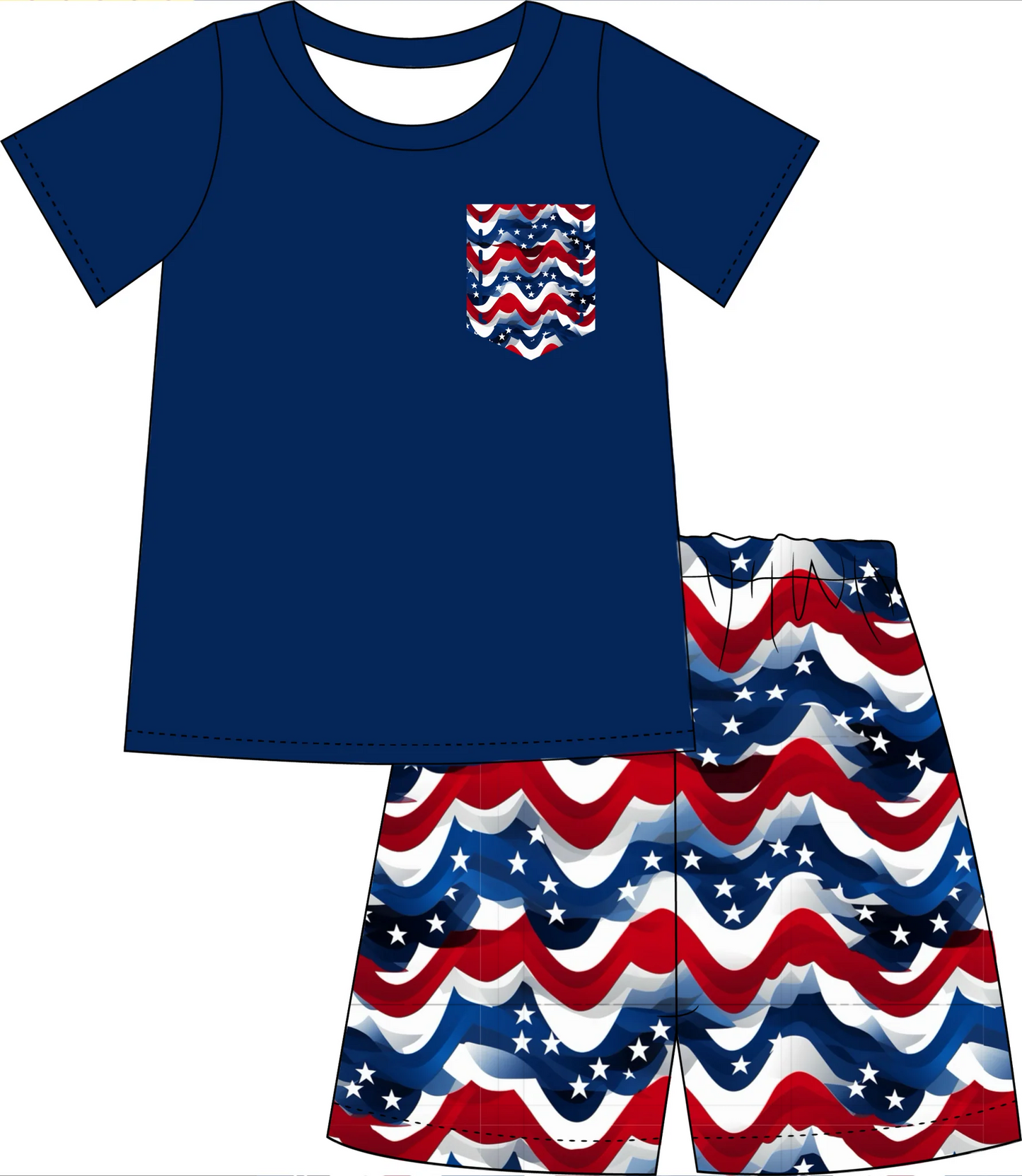 (Custom Design Preorder MOQ 5) Blue Pockets Top Stars Tunic Shorts Boys 4th of July Clothes Set
