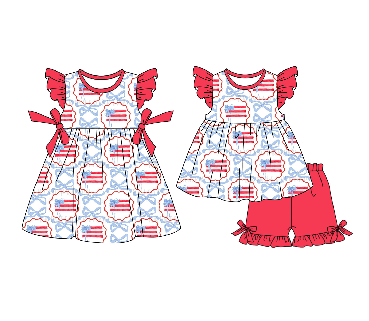 1.4(Custom Design Preorder MOQ 5 Each Design) Flag Print Girls 4th of July Matching Clothes Sisters Wear
