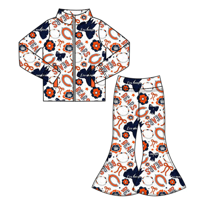 (Custom Design Preorder MOQ 5 Each Item)Team's BEARS Bows Print Girls Matching Clothes