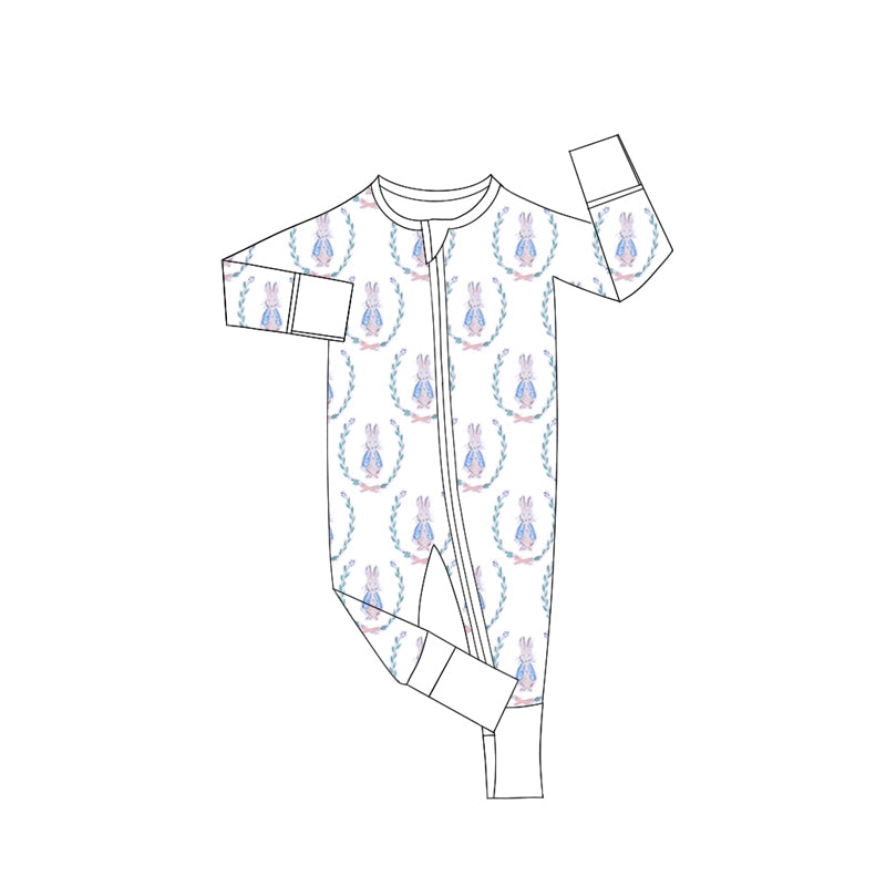 (Custom Design Preorder MOQ 5) Bunny White Print Baby Girls Easter Sleeper Zipper Romper