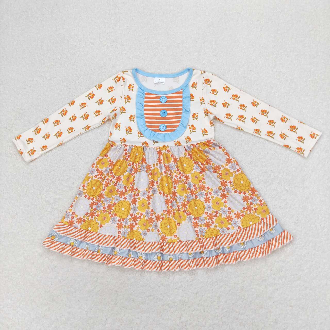GLD0531 Flowers Print Ruffles Girls Knee Length Fall Dress
