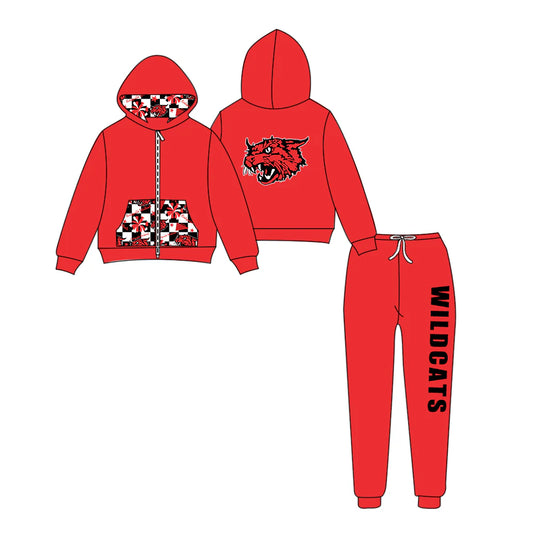 (Custom Design Preorder MOQ 5) Team's WILDCATS Zipper Hoodie Top Red Pants Kids Fall Clothes Set