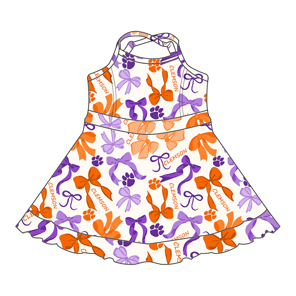 (Custom Design Preorder MOQ 5 Each Color) Team's CLEMSON Bows Print Girls Summer Clothes Sisters Matching Wear