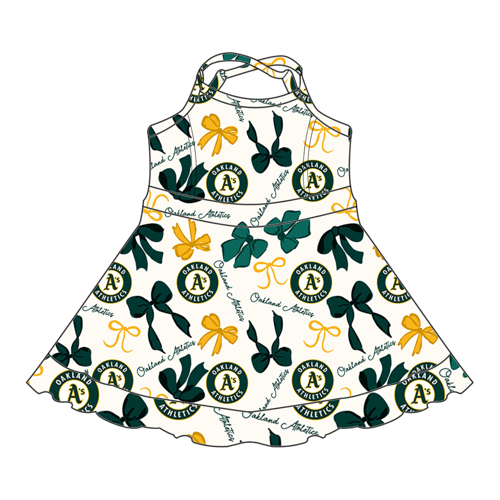 (Custom Design Preorder MOQ 5 Each Color) Team's OAKLAND ATHLETICS Bows Print Girls Summer Clothes Sisters Matching Wear