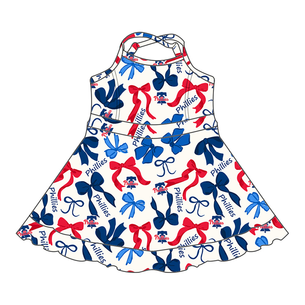 (Custom Design Preorder MOQ 5 Each Color) Team's PHILLIES Bows Print Girls Summer Clothes Sisters Matching Wear