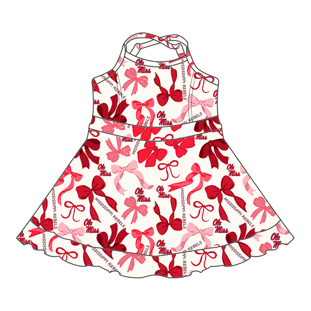 (Custom Design Preorder MOQ 5 Each Color) Team's OLE MISS Bows Print Girls Summer Clothes Sisters Matching Wear