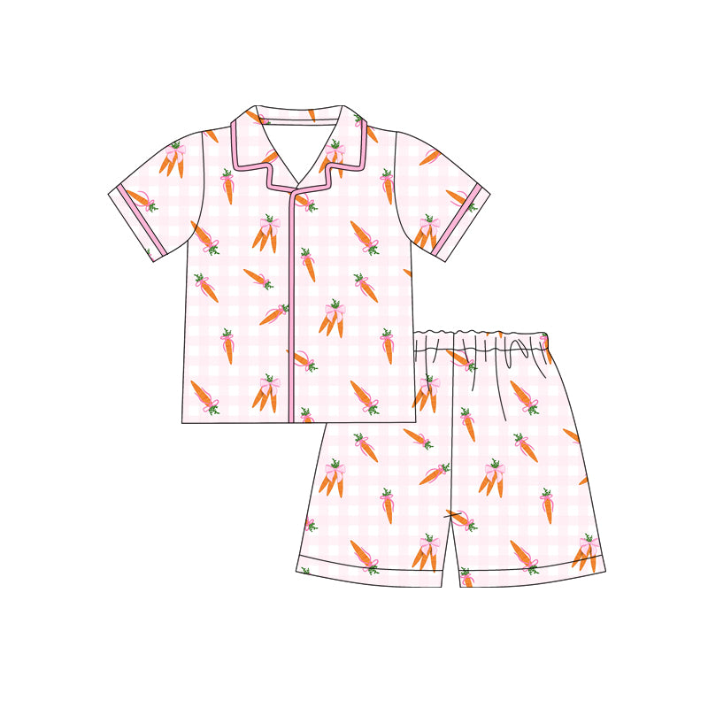 12.10 (Custom Design Preorder MOQ 5) Carrot Pink Bows Print Girls Easter Buttons Pajamas Clothes Set