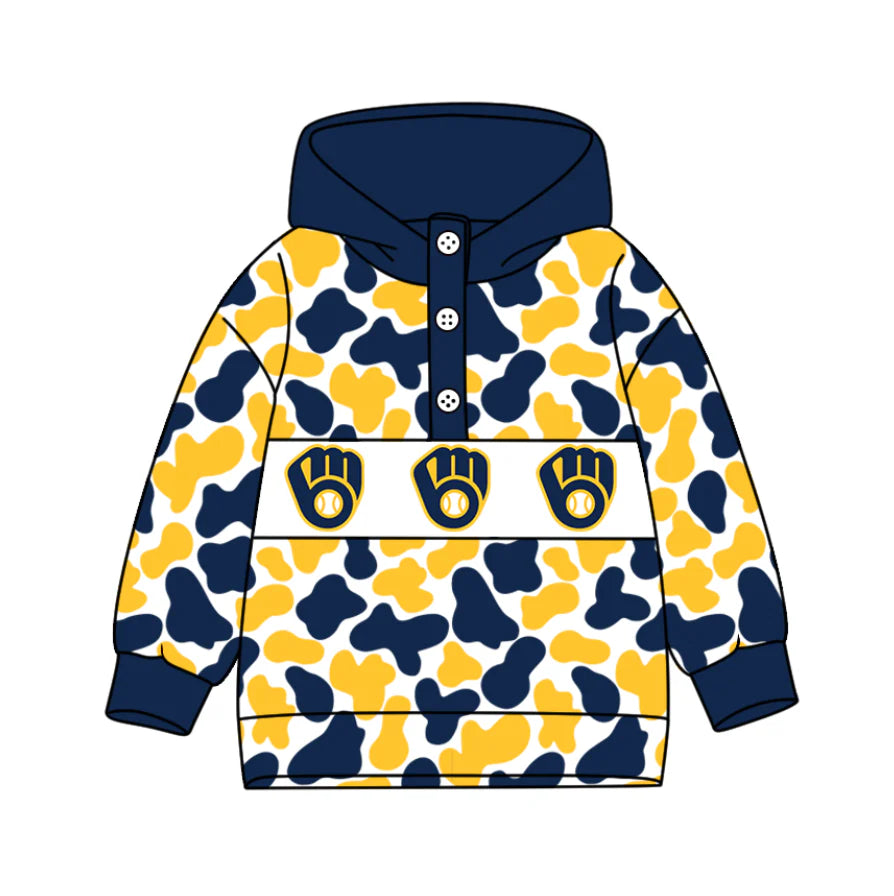 (Custom Design Preorder MOQ 5) Team's Milwaukee Brewers Camo Print Kids Long Sleeve Buttons Hoodie Top