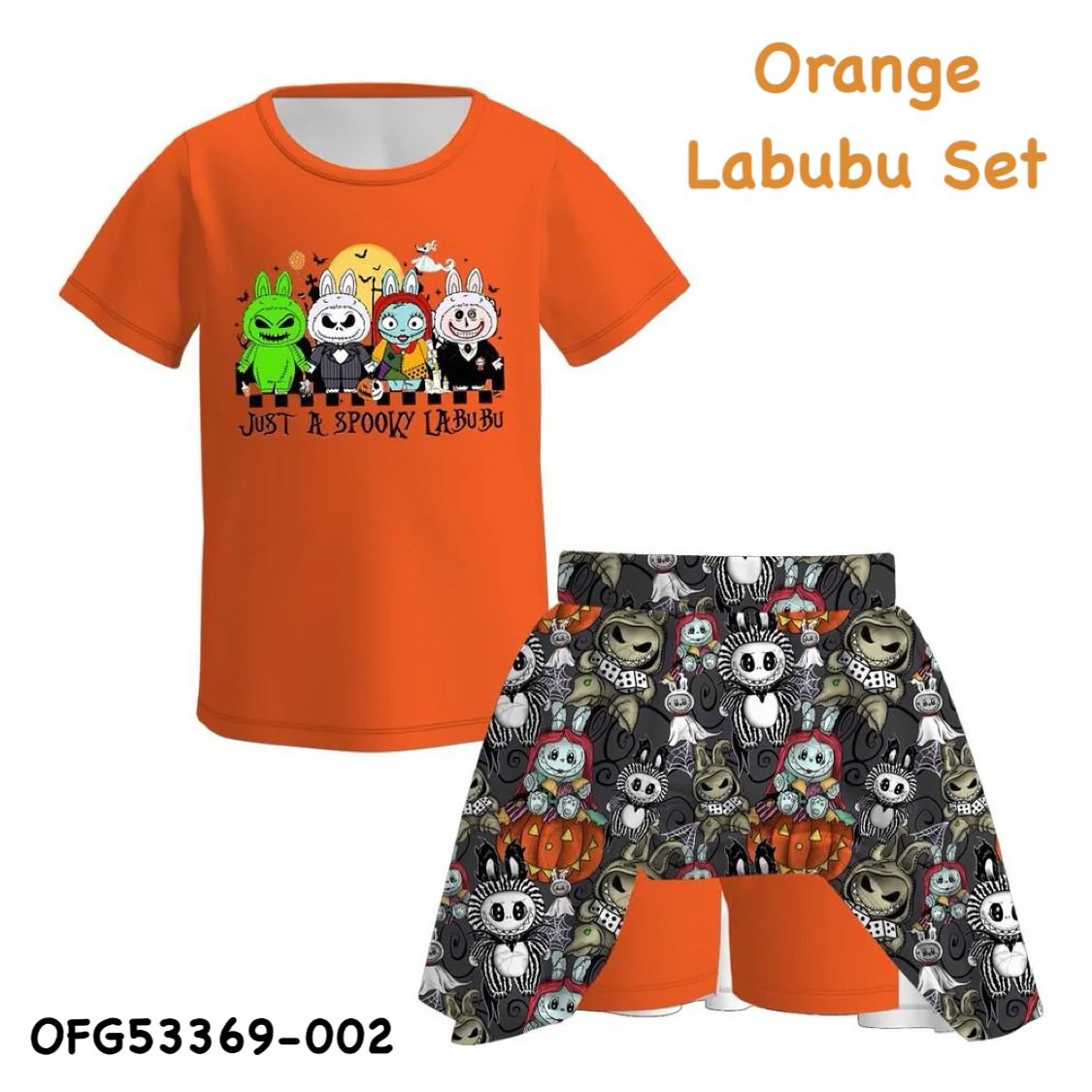 (Custom Design Preorder MOQ 5) Cartoon Labub* Orange Top Skirts Shorts Girls Halloween Clothes Sets