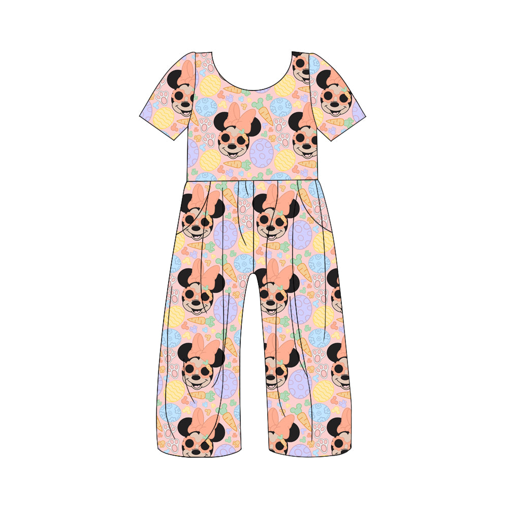 (Custom Design Preorder MOQ 5) Cartoon Mouse Eggs Print Girls Easter Jumpsuits