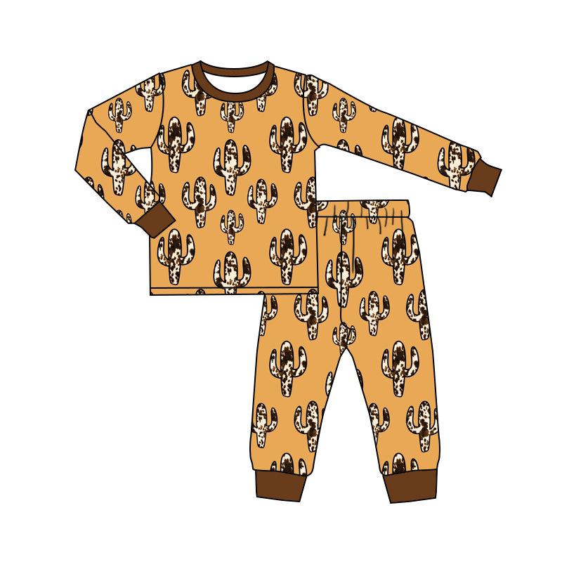 (Custom Design Preorder MOQ 20) Cactus Brown Print Kids Western Bamboo Pajamas Clothes Set