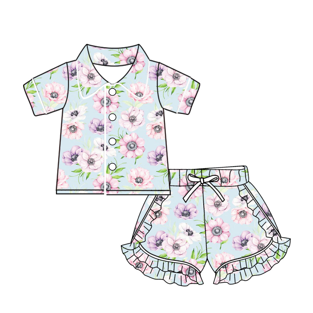 (Custom Design Preorder MOQ 5) Flowers Print Girls Summer Pajamas Clothes Set