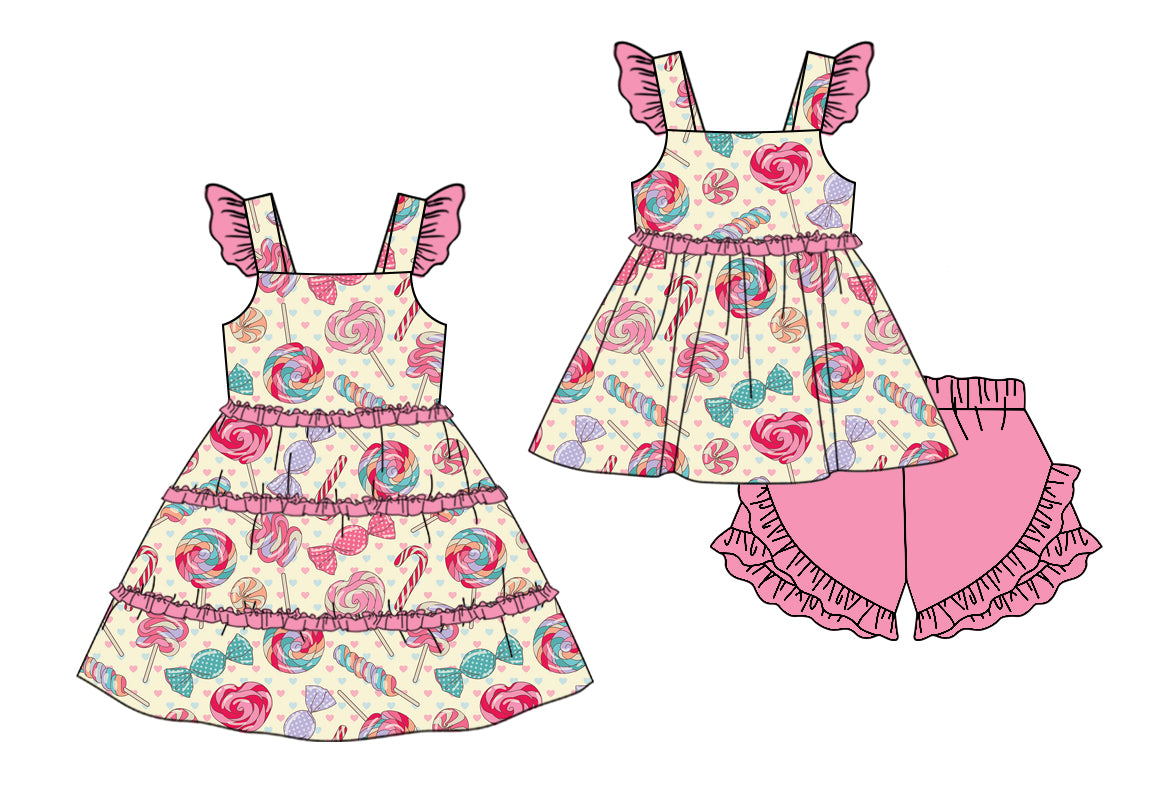 11.11(Custom Design Preorder MOQ 5 Each Design) Lollipop Print Girls Summer Matching Clothes Set Sisters Wear
