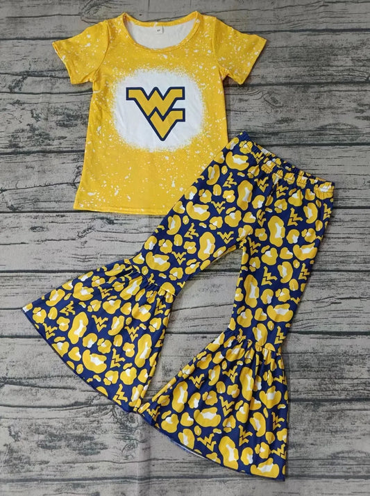 (Custom Design Preorder MOQ 5) Team's West Virginia Print Leopard Bell Pants Girls Clothes Set