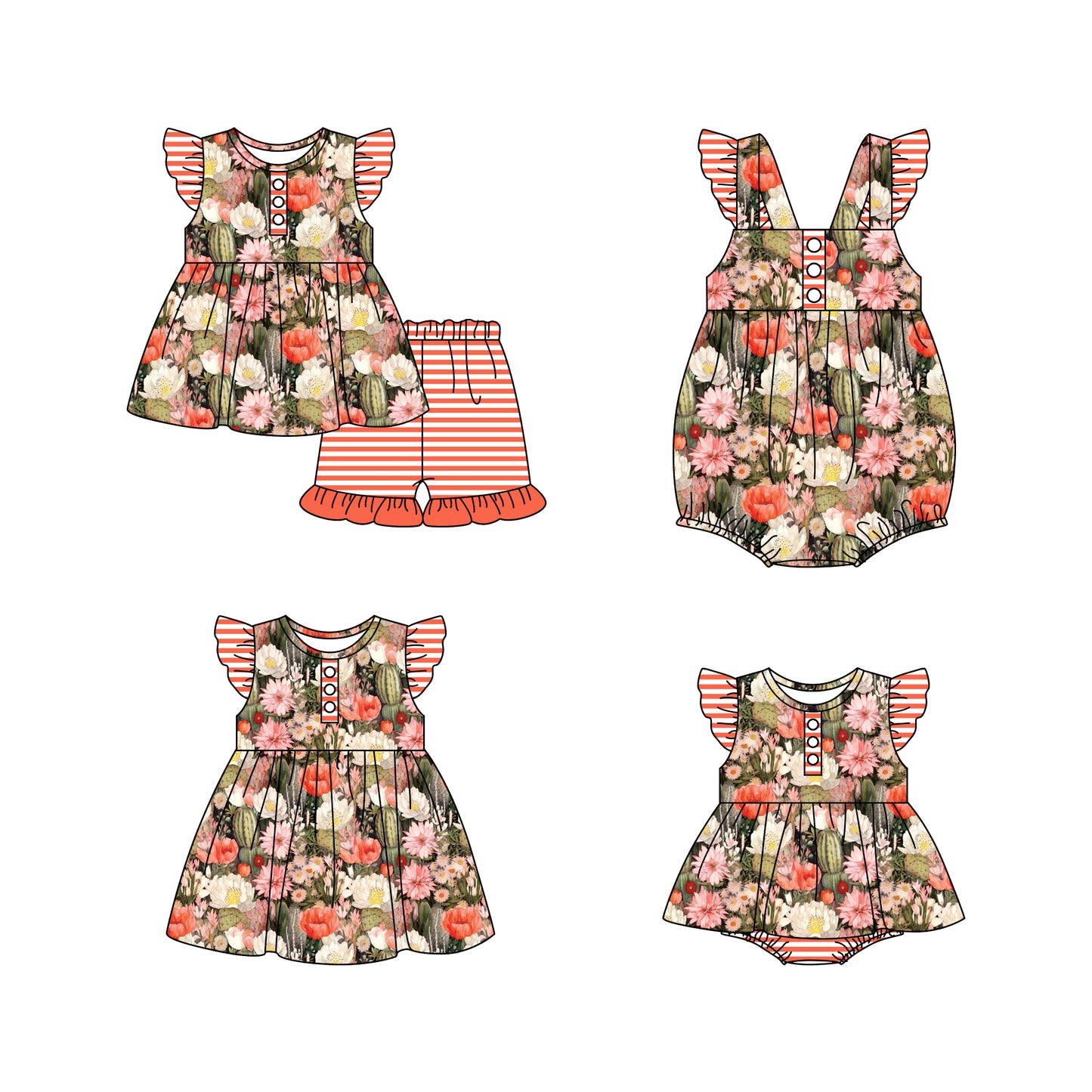 11.18(Custom Design Preorder MOQ 5 Each Design) Cactus Flowers Print Girls Summer Matching Clothes Sibling Wear