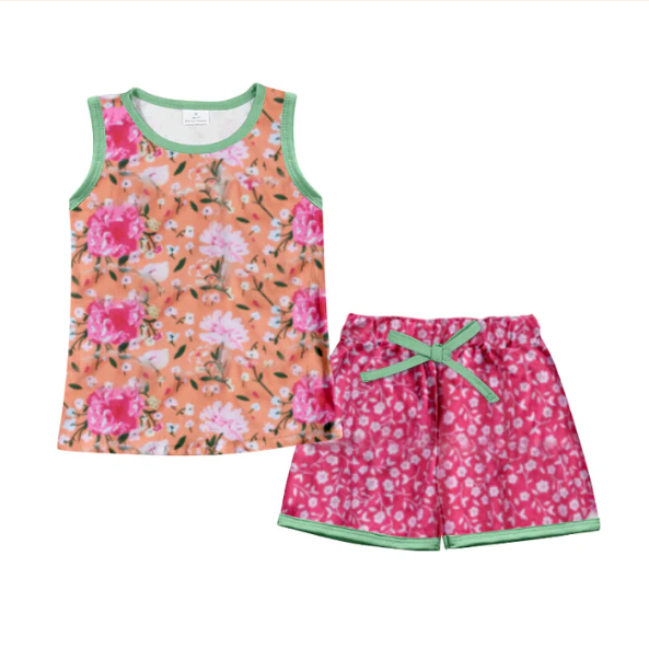 (Custom Design Preorder MOQ 5) Flowers Pink Shorts Girls Summer Clothes Set
