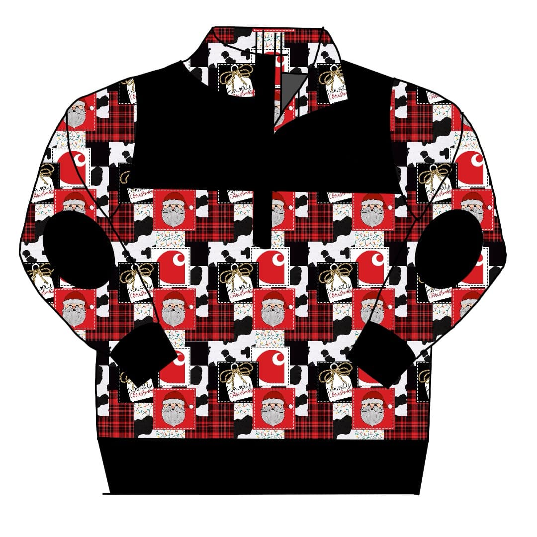 (Custom Design Preorder MOQ 5) Santa Black Print Boys Christmas Western Zipper Pullover Top