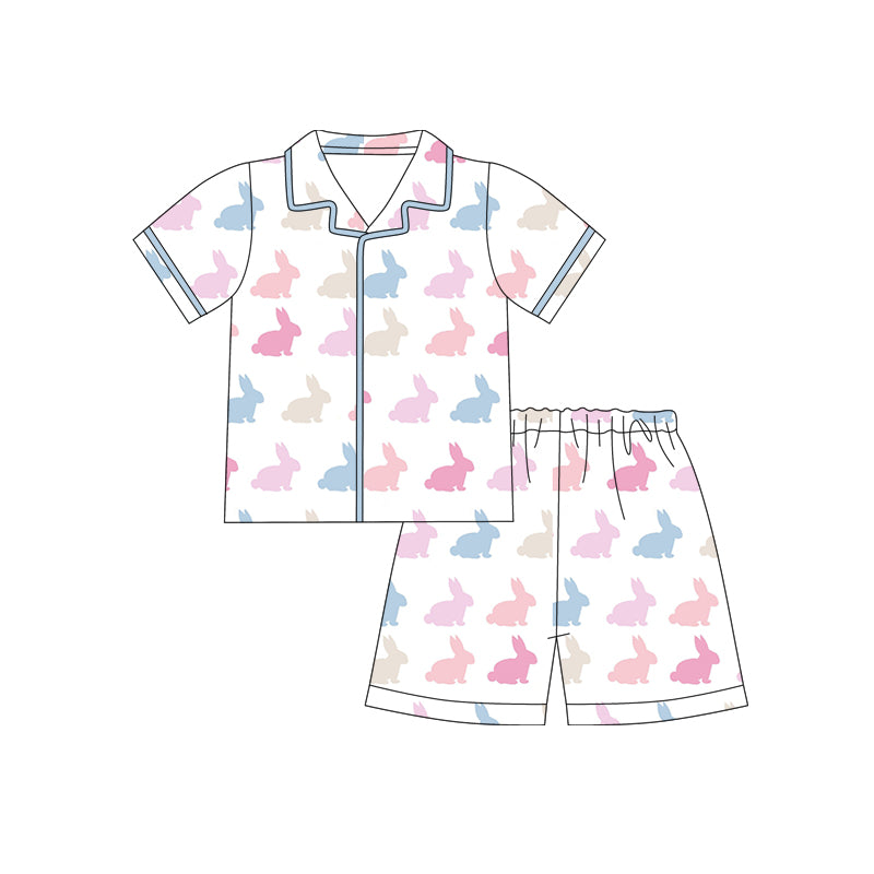 12.10 (Custom Design Preorder MOQ 5) Bunny Print Girls Easter Buttons Pajamas Clothes Set