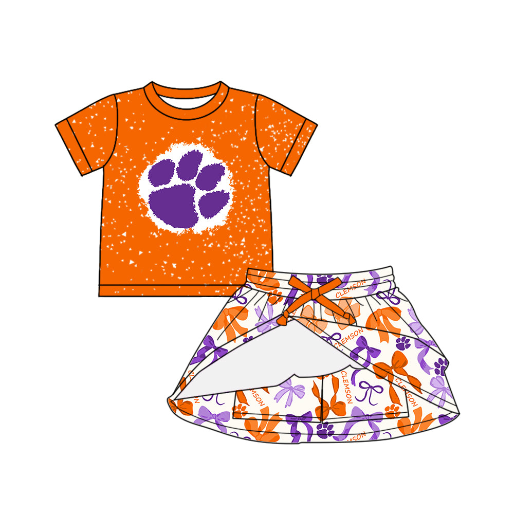 (Custom Design Preorder MOQ 5 Each Color) Team's CLEMSON Bows Print Girls Summer Clothes Sisters Matching Wear