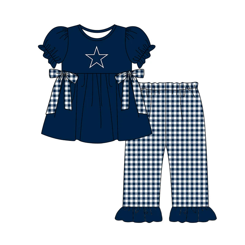 (Custom Design Preorder MOQ 5) Team's Cowboys Tunic Top Plaid Pants Girls Clothes Set