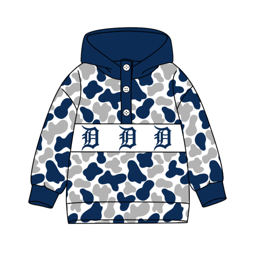 (Custom Design Preorder MOQ 5) Team's Detroit Tigers Camo Print Kids Long Sleeve Buttons Hoodie Top